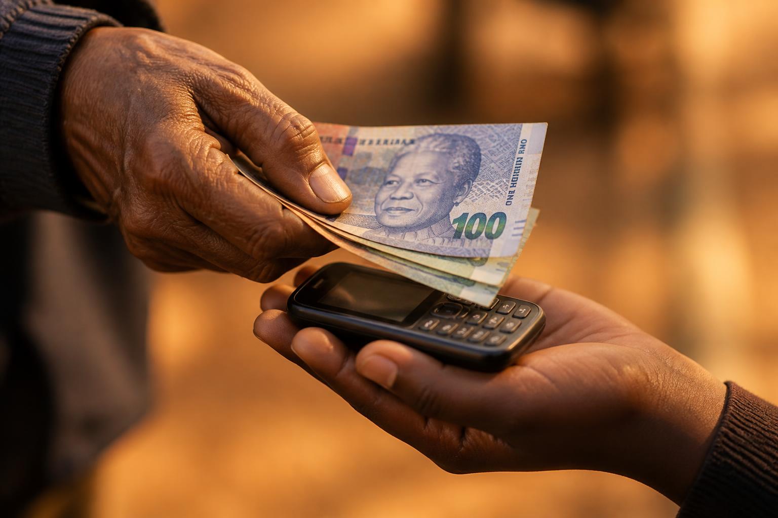 Hands exchanging cash and a basic phone