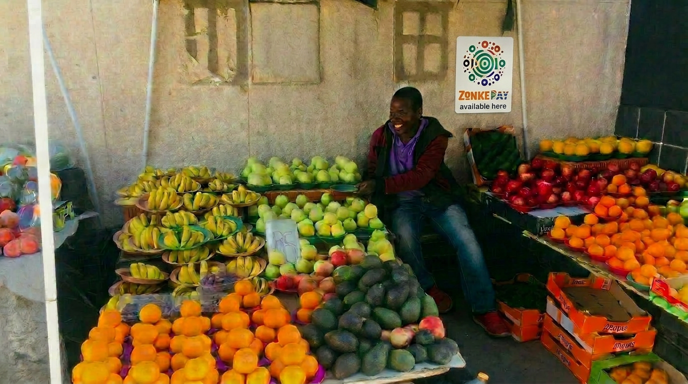 Woman using ZonkePay to pay at a local merchant