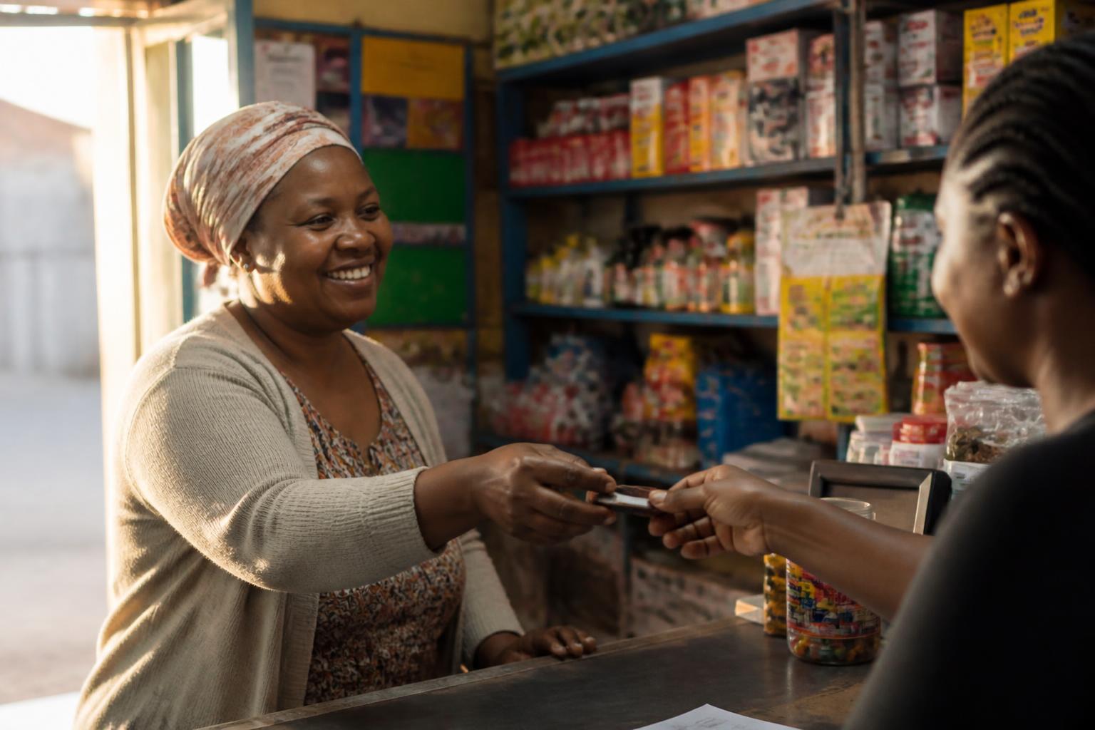 A woman paying at her local spaza shop